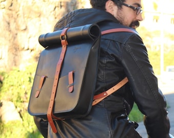 Roll top leather backpack laptop men, Minimal black leather laptop bag, Urban leather bike backpack, Laptop rucksack and leather travel bag
