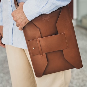 Convertible leather laptop sleeve for MacBook iPad, handmade, free shipping