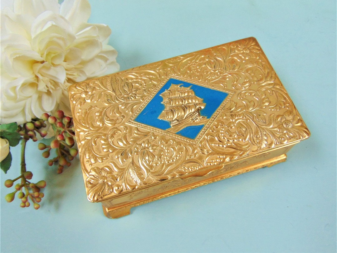 Rococo Jewellery Box Gold Tone Metal Keepsake Chest Sailing Etsy