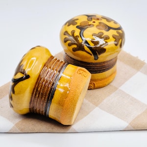 May include: A pair of ceramic salt and pepper shakers. The shakers are yellow with brown floral designs and a dark brown band. One shaker is lying on its side. The shakers are on a tan and white checkered cloth.