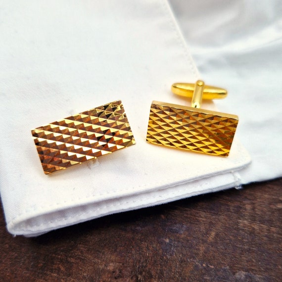 Cufflinks Gold Tone Rectangular Engine Turned Che… - image 1