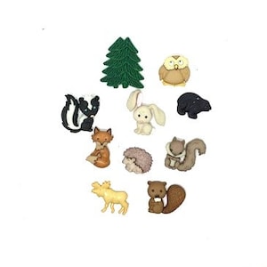 May include: A collection of whimsical woodland animal-themed buttons. The assortment includes a green tree, an owl, a skunk, a fox, a rabbit, a bear, a hedgehog, a squirrel, a moose, and a beaver. Each button is uniquely designed and colored.