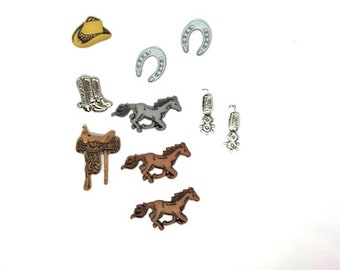 Cowboy Western Push Pins Thumbtacks or Magnets x10 Boy's Cork Board, Message Board, Western Magnets, Horses, Saddle, Silver Boots, Spurs,Hat