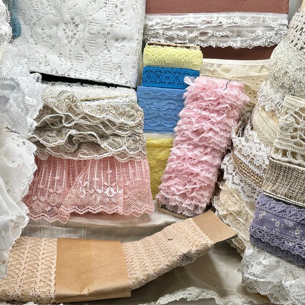 Vintage lace grab bag, 10 yards vintage lace, lace snippets, lace embellishments, junk journal lace, sewing embellishments, multicolored