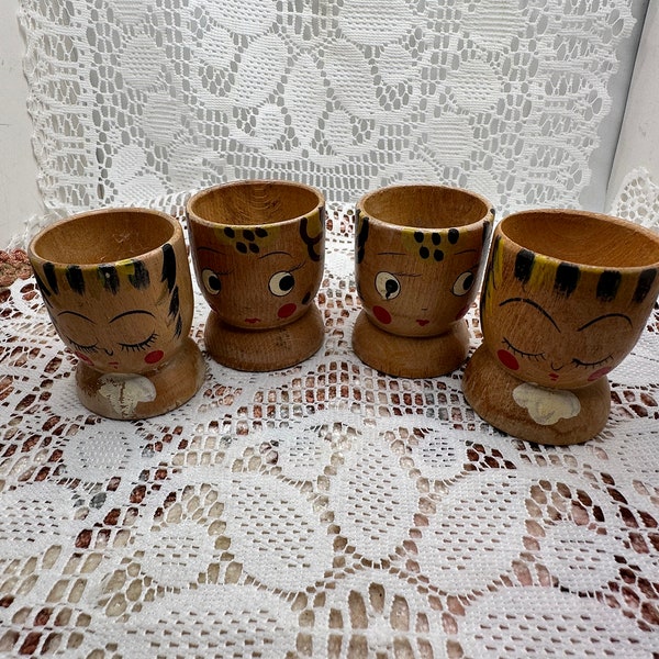 Set of 4 wooden egg cups, hand painted wood shot glasses, vintage room decor, vintage home and kitchen decor, hand painted faces