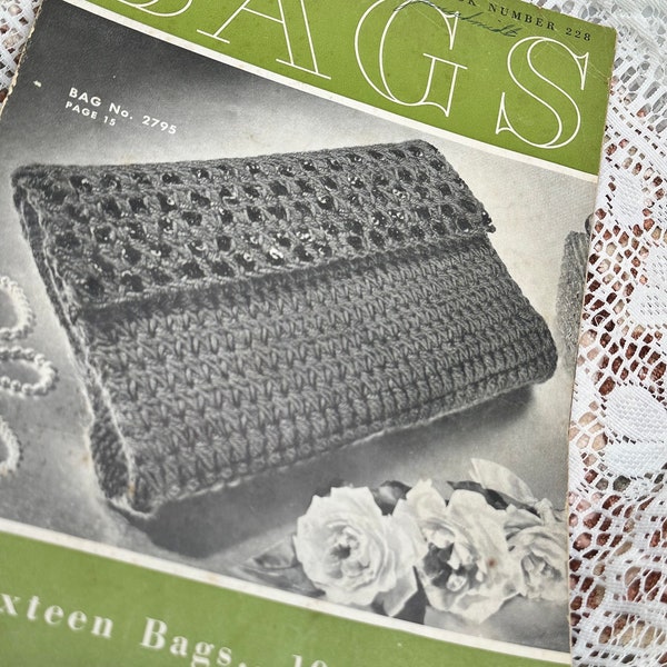 First edition crochet magazine, DIY crochet bags, vintage magazines, 1945 Clark’s and coats ont magazine, bag crochet instructions