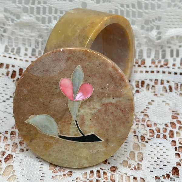 Vintage ring dish, small dish with lid, ring box, small jewelry box, change dish, vintage stone pill box, small floral mother of pearl inlay