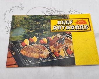 Vintage cookbook, beef outdoors cookbook, cookbook recipes, retro graphics, used old cooking how too book, paper back cook book