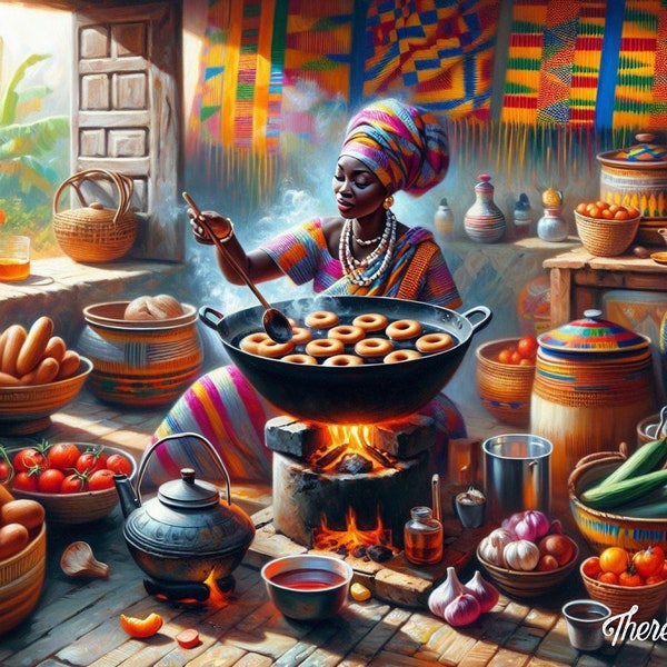 African Women in Kitchen Printable Wall Art, Afrocentric Black Women Tribal Art, African Food Prints, Contemporary African Artwork, Digital