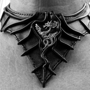 Cuir - Col - Collier - avec dragon en argent - Emblème - Pièce unique faite main - Matériel et exécution de haute qualité