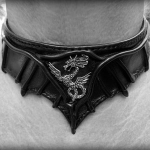 Cuir - Col - Collier - avec dragon en argent - Emblème - Pièce unique faite main - Matériel et exécution de haute qualité