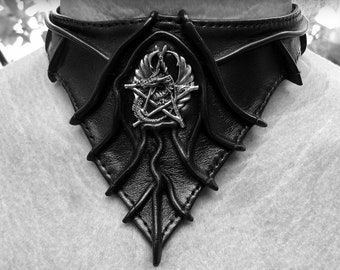 Leather - Choker - Necklace - With Silver-Dragon-Emblem - Handmade Unique - High Quality Material And Performance