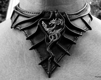 Leather - Choker - Necklace - With Silver-Dragon-Emblem - Handmade Unique - High Quality Material And Performance