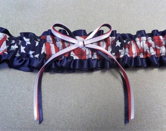 Patriotic American flag Red white blue wedding toss keepsake  prom garter USA military stars stripes Choose navy or white satin