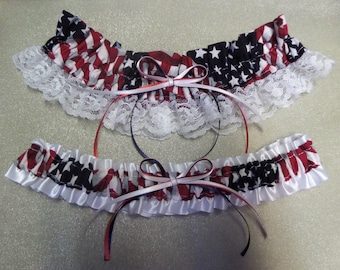 Set of 2 Patriotic USA flag wedding toss keepsake prom garter U.S. military American Red, White & Blue stars stripes.