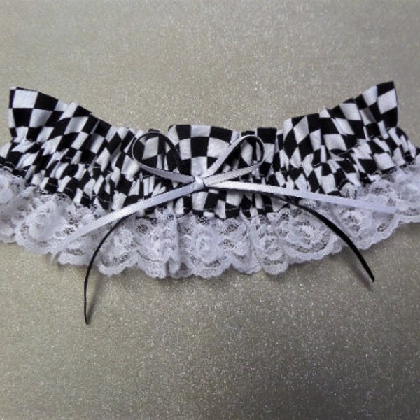 Car racing checkered flag black white check wedding toss keepsake prom garter U choose white satin or white lace ~ buy 2, pay only 1 ship