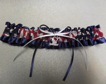 CHOOSE* Antique white (ivory) & red, blue Patriotic American flag colors Wedding toss keepsake military prom garter I LOVE my Soldier charm