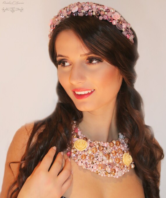 Elegant Pink and Gold Jeweled Headband Handmade Jeweled Headband: Pink & Gold Rhinestone  main image 4