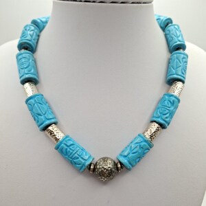 Vintage Carved Turquoise Tube Huge Beads Silver Beads Necklace Jewelry