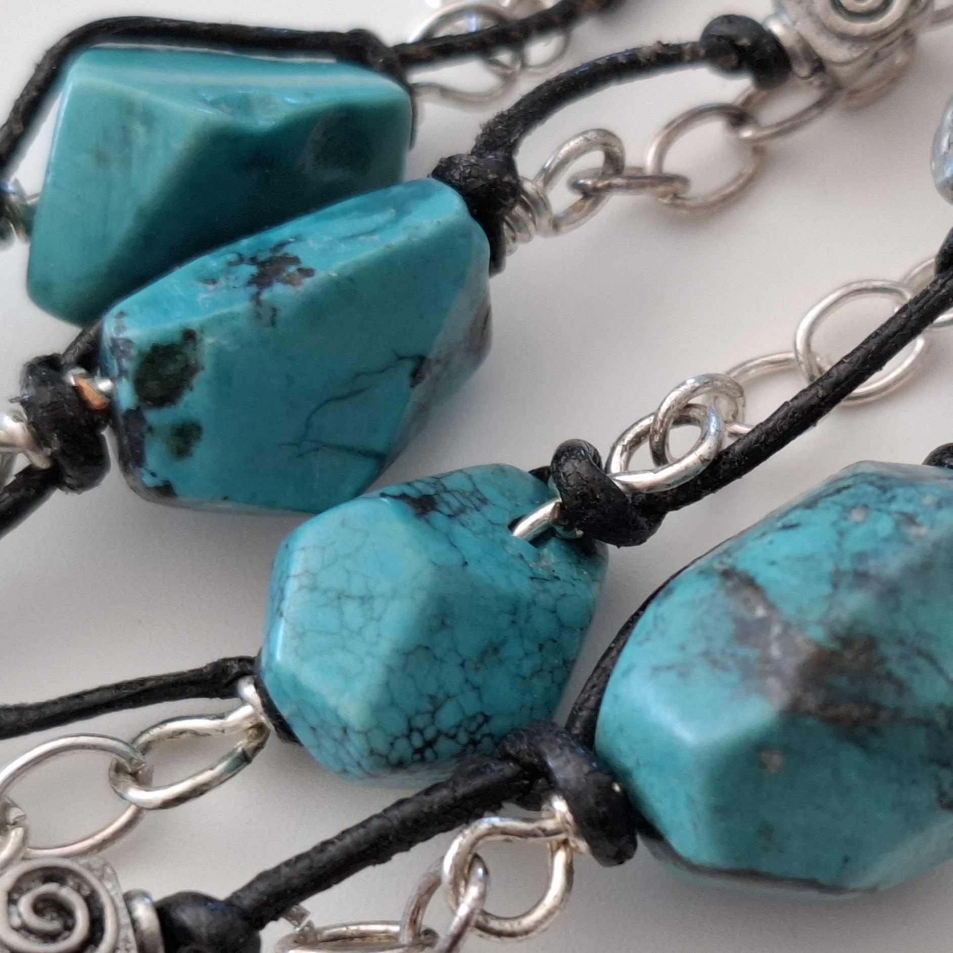 Collier Ancien 3 Rangs En Argent Massif Avec Turquoises Et Perles - Pièce Unique Vintage Sans Emballage