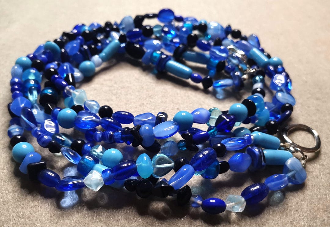 Collier Vintage 3 Rangs Perles En Pâte De Verre Bleu Ciel Mordoré - Années 1930/1950