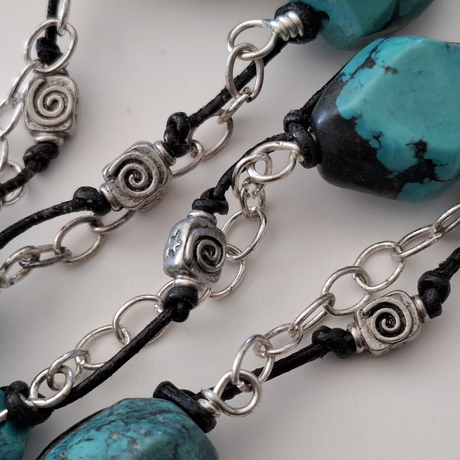 Collier Ancien 3 Rangs En Argent Massif – Turquoises & Perles – Sans Emballage – Neuf