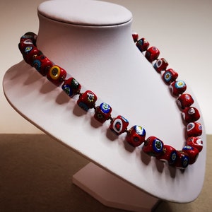 Vintage Rare Venetian Millefiori Square Red Glass Murano Knotted Beads Necklace