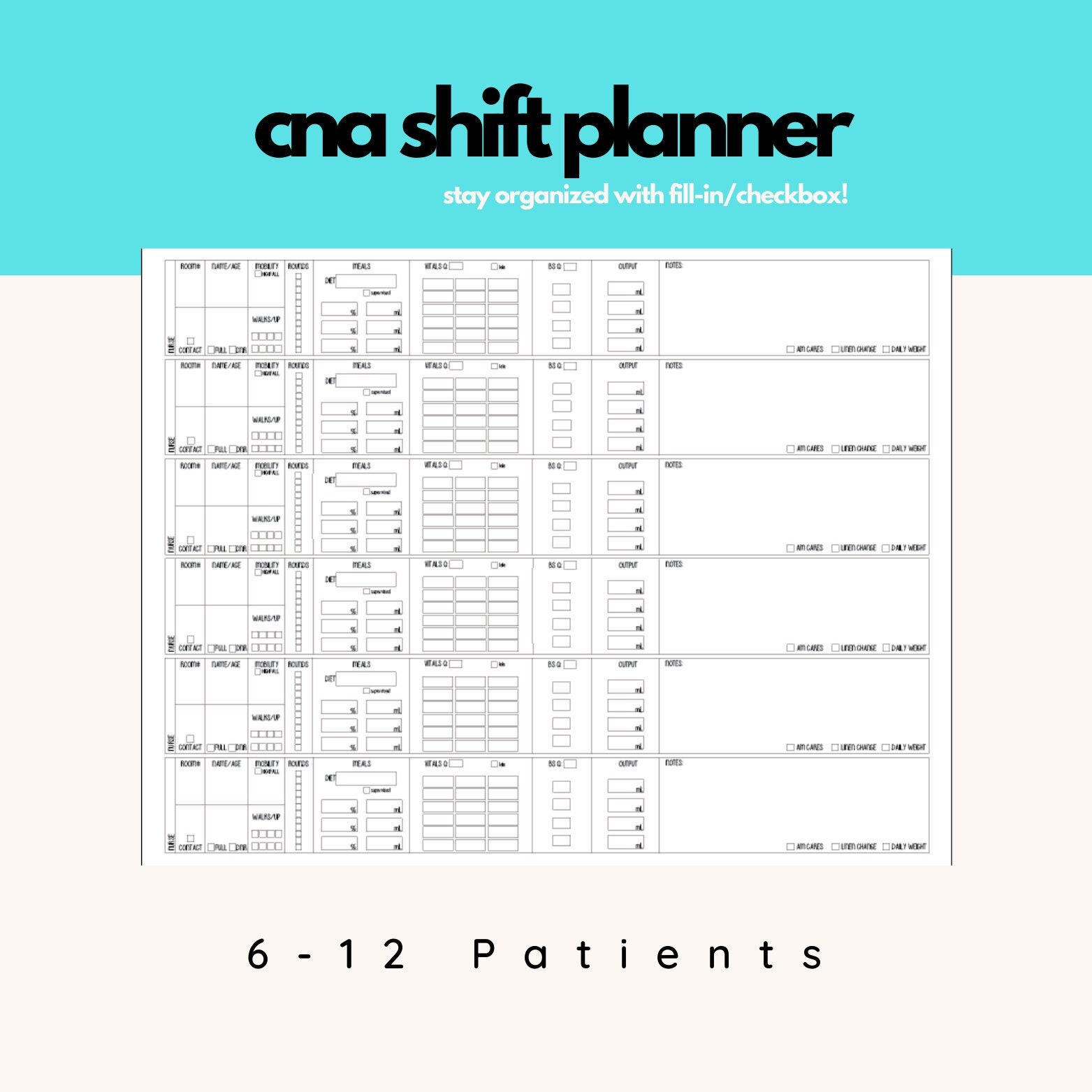 CNA Shift Planner Shift Report Report Sheet Med Surge Patient Care
