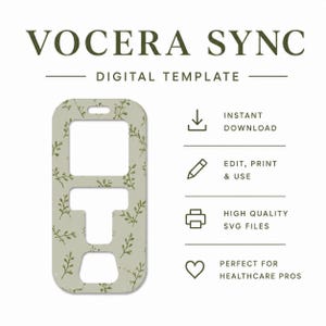 Puede incluir: Una plantilla digital con el texto "VOCERA SYNC" y "DIGITAL TEMPLATE". La plantilla tiene un fondo verde claro con un patrón floral y una forma rectangular con recortes. También es visible el texto "INSTANT DOWNLOAD".