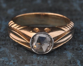 Genuine Antique Rose Cut Diamond 18K Gold Engagement Ring, 1800s Art Nouveau, Size 6.75