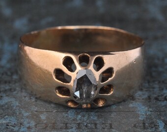 Genuine Antique Rose Cut Diamond Ring: 14k Yellow Gold Victorian Engagement Ring, Size 6.25