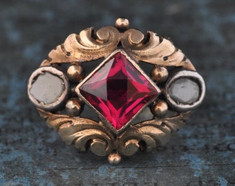 Genuine Art Deco Ruby & Rose Cut Diamond Ring: 14K Gold Cocktail Ring, Size 6