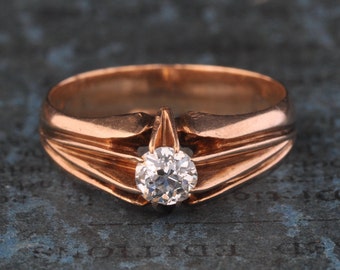 Antique Victorian Engagement Ring Diamond Solitaire Wedding Art Deco Boho OOAK Size 7 1/4  7.25 14k Pink Gold Right Hand Edwardian 1900s