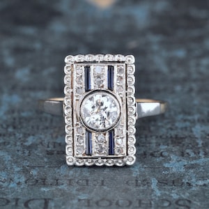 Art Deco .50 Carat Diamond Sapphire Engagement Ring 1920s 1930s Antique Wedding OOAK Glam Boho Right Hand Platinum 18k gold European bezel