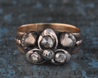 Genuine Antique Georgian Rose Cut Diamond Ring: 14k Gold & Silver, Size 5.5