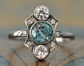 Art Deco Engagement Ring-Unique Engagement Ring -Blue Zircon Diamond Engagement Ring - 1920s Engagement - Antique Wedding Ring- Aquamarine
