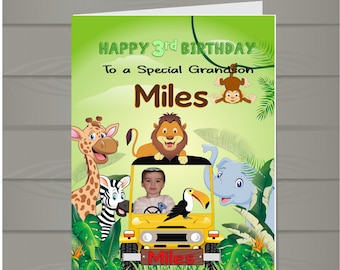 Personalised Jungle Animal Safari  Birthday Card A5, Son. Nephew , Niece, Daughter, Godson with your own photo