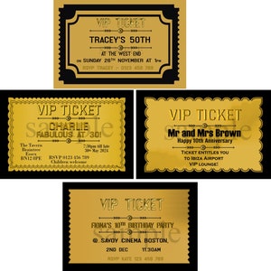 Personalisierte VIP Ticket Schwarz & Gold Geburtstag Einladungen Party Invite + Env x10
