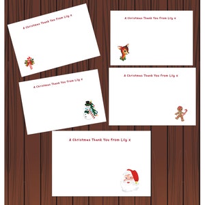 May include: Four white Christmas thank you cards with red text that says "A Christmas Thank You from Lily x". Each card has a different festive image: a candy cane, a reindeer, a snowman, and Santa Claus.
