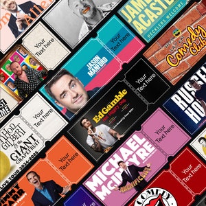 Puede incluir: Un collage de boletos de colores con varios comediantes, incluyendo Rhod Gilbert, Jimmy Carr, Jason Manford, Ed Gamble, Michael McIntyre, James Acaster y Russell Howard. Los boletos tienen un aspecto vintage e incluyen el nombre del comediante, las fechas de la gira y un eslogan.