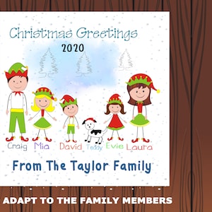 Gepersonaliseerde Elf Family Kerstkaart met namen