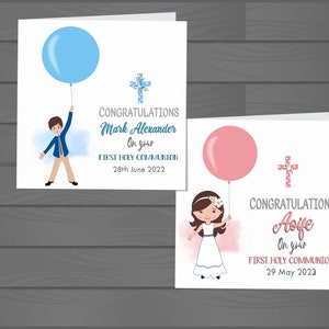 Biglietto personalizzato per cerimonia religiosa della Prima Comunione, per ragazzi e ragazze, con palloncino enorme