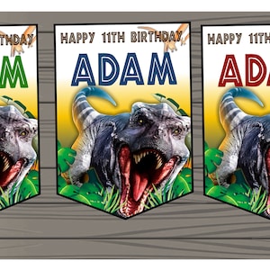 Personalised T-Rex Dinosaur Bunting/Banner/ Birthday Decoration x10