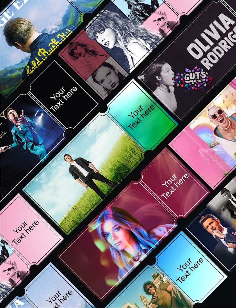 Puede incluir: Un collage de entradas de conciertos con im&aacute;genes de varios m&uacute;sicos, entre ellos Olivia Rodrigo, Taylor Swift y Ed Sheeran. El texto "GUTS WORLD TOUR" es visible en una de las entradas.