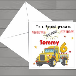 Gepersonaliseerde bouw Truck Verjaardagskaart Zoon. Neef , Nicht, Dochter, Petekind