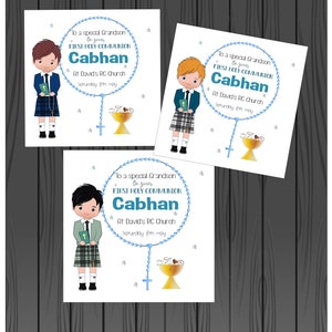 Personalised First Holy Communion Religious Ceremony Card Boys, Scottish boy in kilt