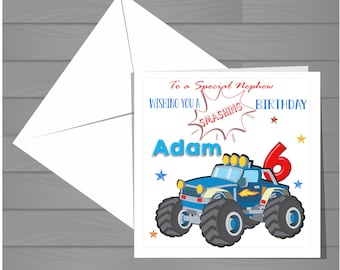 Personalised Handmade Monster Cars  Birthday Card Trucks  - Any Age or Name Cute Dino Son , Daughter , Grandson