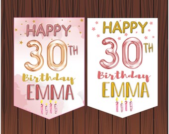 May include: Two printable signs with a pink and white background. The signs say "Happy 30th Birthday Emma" with gold and pink balloon numbers. The signs have pink and gold stars and candles.