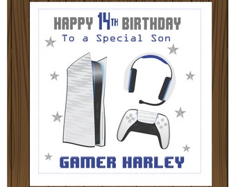 Puede incluir: Tarjeta blanca con texto azul que dice "Feliz cumpleaños número 14 a un hijo especial Gamer Harley". La tarjeta tiene una consola PlayStation 5 blanca, un mando blanco y unos auriculares blancos con un micrófono azul.