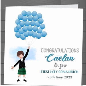 Kilt escocés personalizado Primera Comunión Ceremonia Religiosa Card Boys con globos